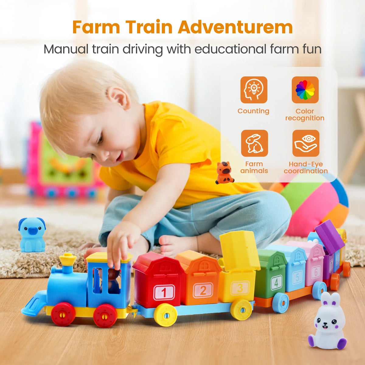 Montessori Farm Train/Surprise Party Set for Toddlers Learning Counting, Matching & Sorting Fine Motor Skills,Preschool Toy Gift