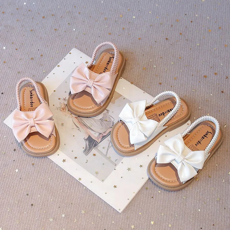 Kids Sandals for Girls 2025 Summer Girls Bow Design Sandals Children Beach Shoes Open Toes Flat Anti-skid Rubber Ankle Strap