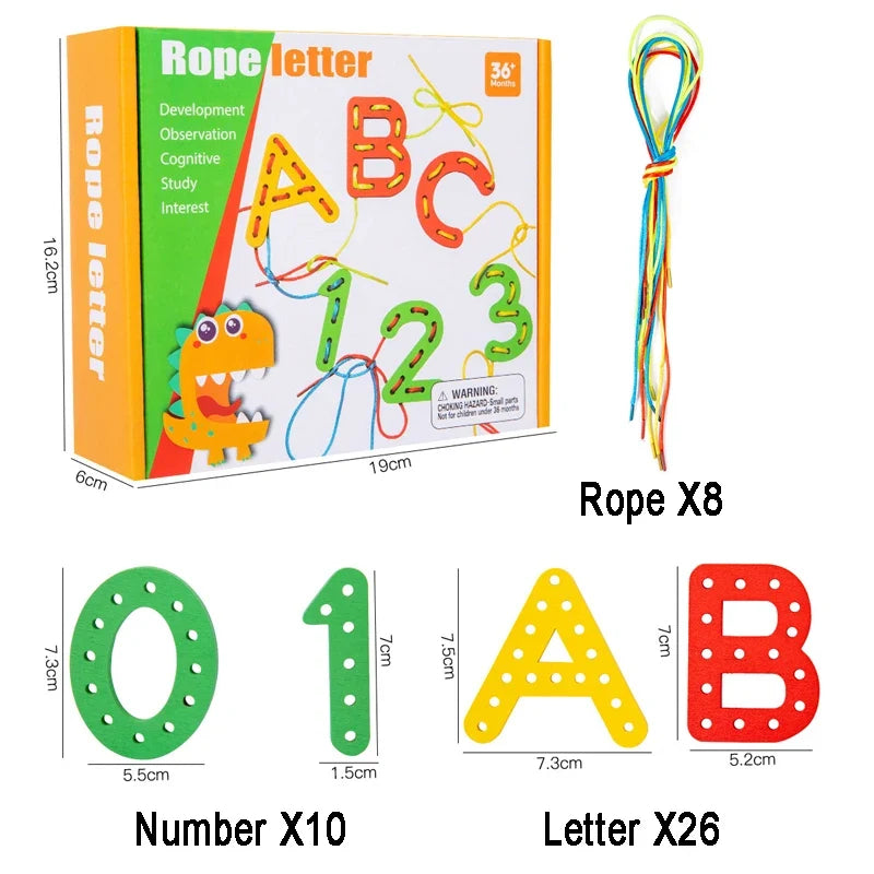 Wooden Number Letter Rope Game Early Education Cognitive Handmade Rope Letter Educational Toys Hand Eye Coordination Training
