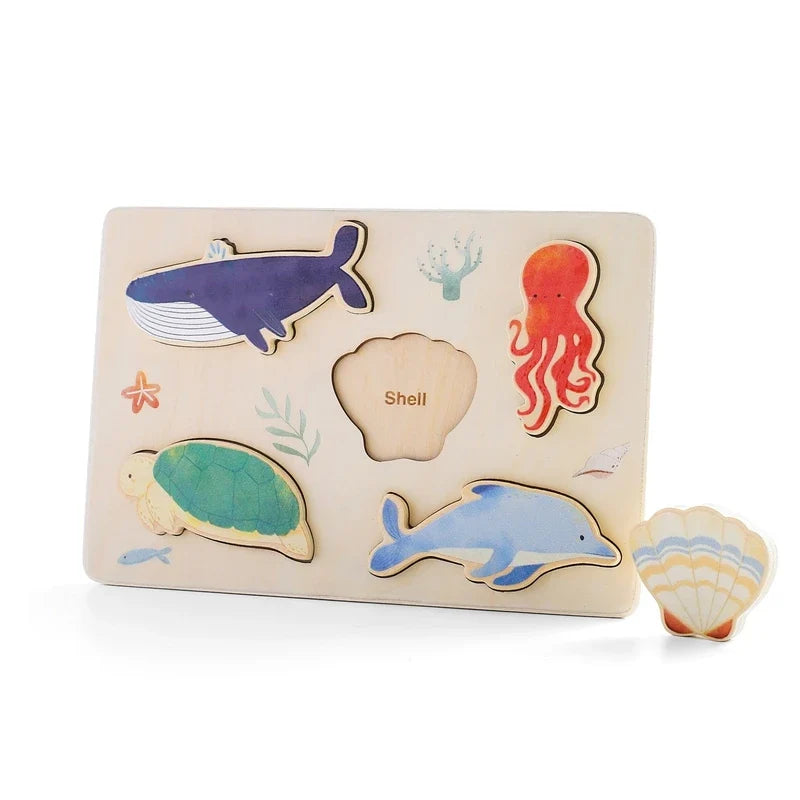Wooden Puzzle Montessori Toys Baby Cartoon Ocean Animal Colorful Learning Education Block Toys Tangram Jigzaw Cognitive Kid Gift