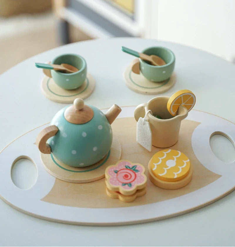 Wooden Afternoon Tea Set Toy Kitchen Accessories Tea Party Food Play Early Educational Toys for Toddlers Girls Boys Kids Gifts