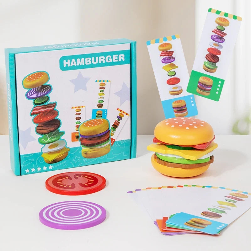 Montessori Wooden Hamburger Pretend Play Toy Educational Simulation Food Matching Stacking Game with Cards for Kids 2 Years Gift