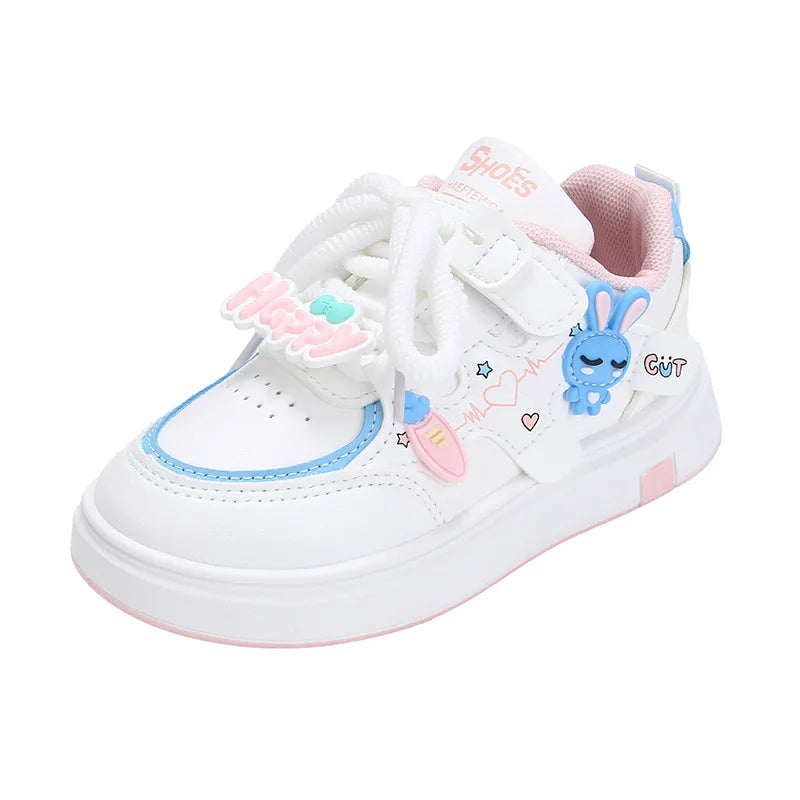 Kids Sports Shoes Girls Breathable Cartoon Sneakers 2025 Spring Autumn New White Shoes Soft Sole Leather Casual Shoes