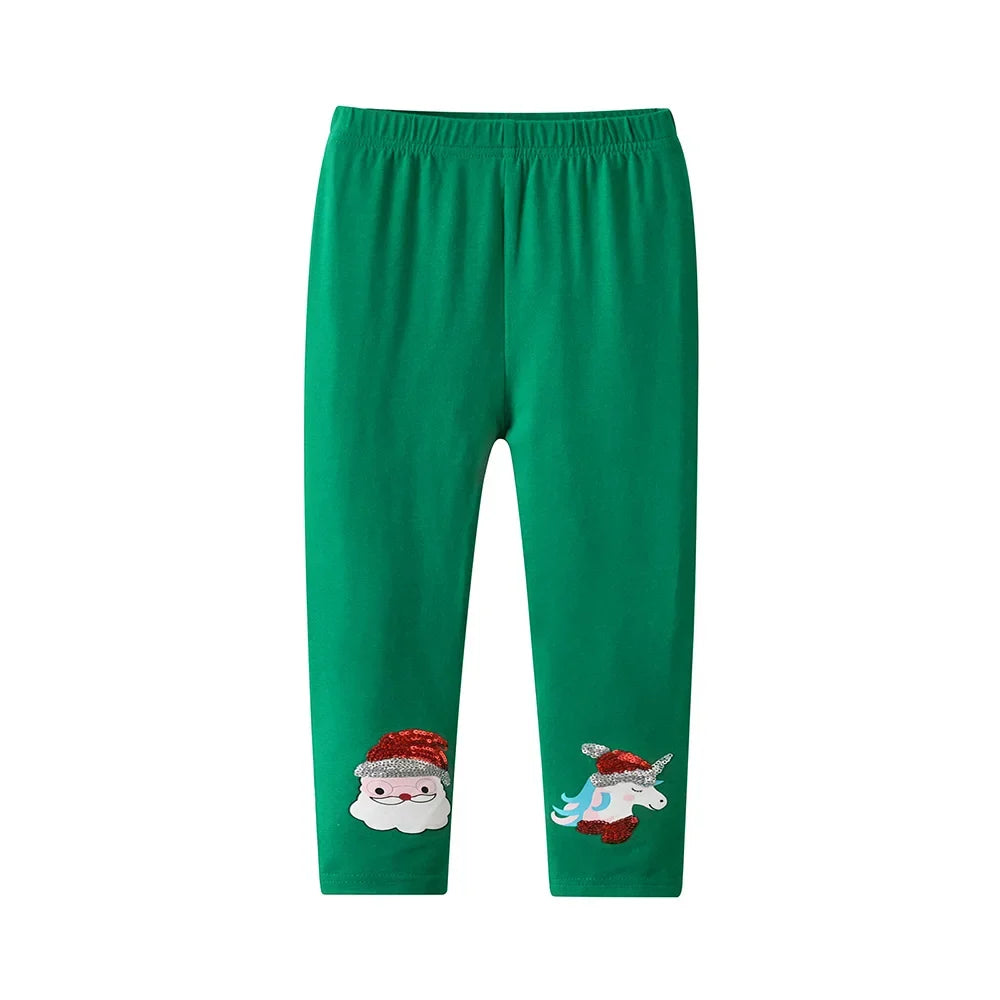 DXTON Toddler Cotton Leggings Baby Girls Pencil Pants Four Seasons Green Solid Christmas Man Applique Girls Skinny Trousers