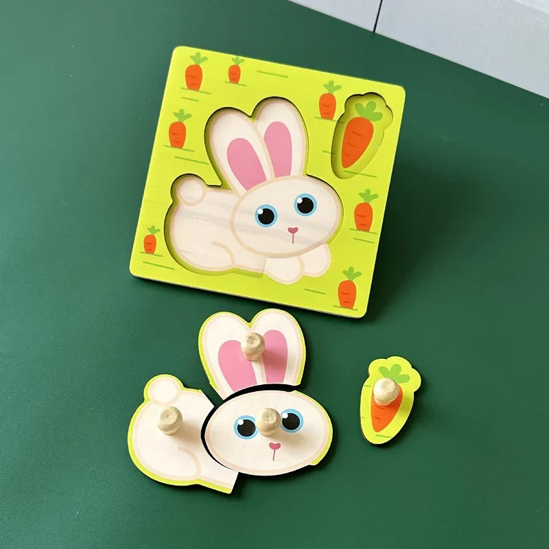 Baby Toys Montessori Wooden Puzzles Hand Grab Boards Toys Kids Early Learning Educational Cartoon Animal Fruit Vehicle Cognitive