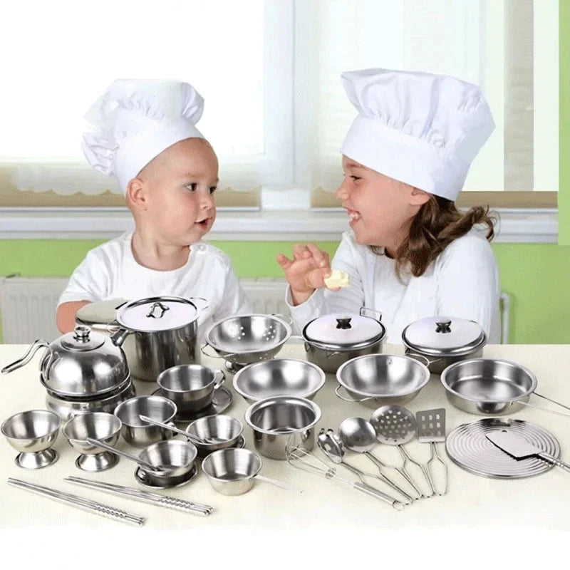 Stainless Steel Action Figures Kids Kitchen Toys Cooking Cookware Children Kitchen Tableware Pretend Role Play Toy for Kids