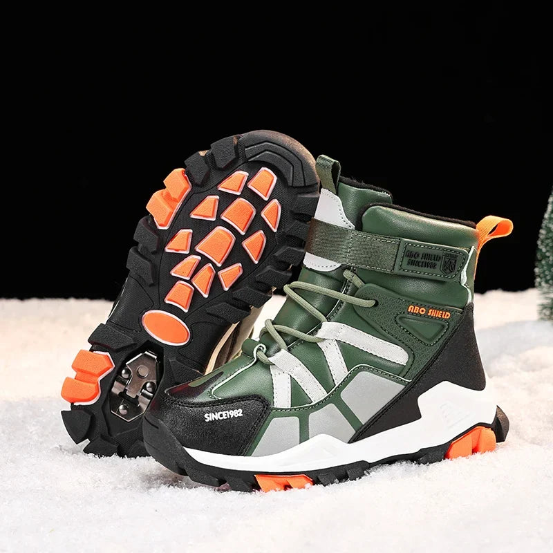 Childrens Snow Boots New Fashion PU Winter Warm Casual Sports Shoes Outdoor High Top Anti Slip Kids Hiking Boots for Boys