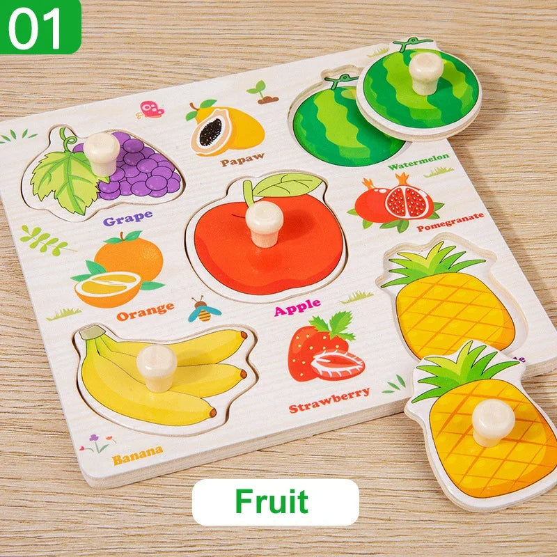 Wooden Puzzle Montessori Toys for Kids Cartoon Animal Traffic Hand Grab Boards Early Learning Educational Toys for Children