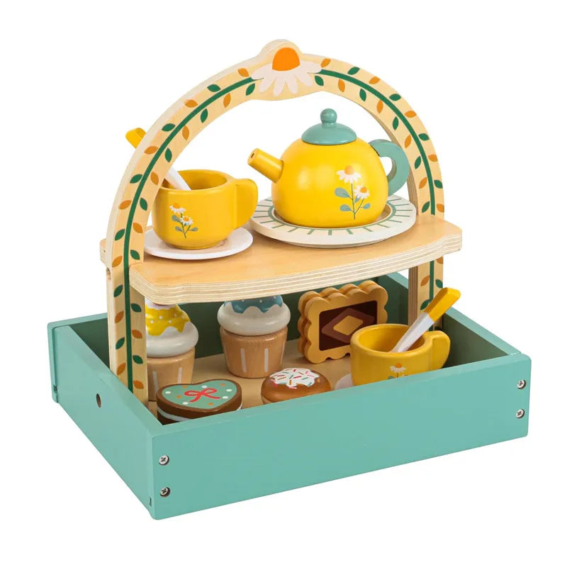 Wooden Pretend Play Kitchen Toys Coffee Machine Mixer Ice Cream Cake Toy Kids Play Food Teapot Cup Tea Set for Boys Girls Gifts