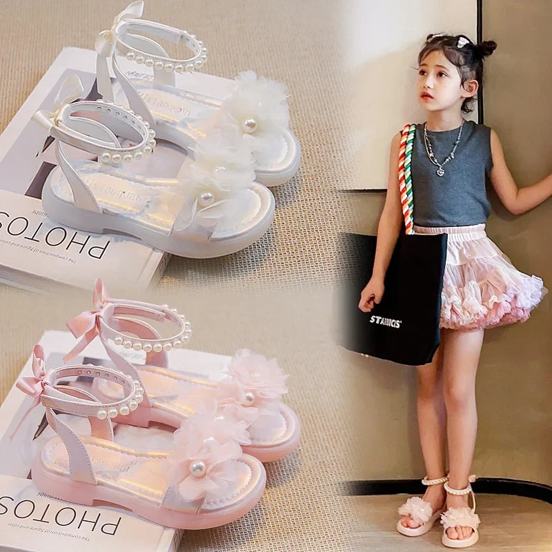 Girls Gladiator Sandals Lace Floral with Pearls Beading Bow-knot on The Back Fashion Princess 2024 Summer New Kids Beach Sandals