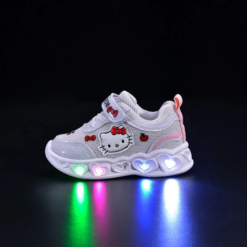 Kids'Casual Shoes Girls Led Light Cartoon PU Leather Fashion Sport Flat Bottom Shoes Breathable White Pink Size 21-30