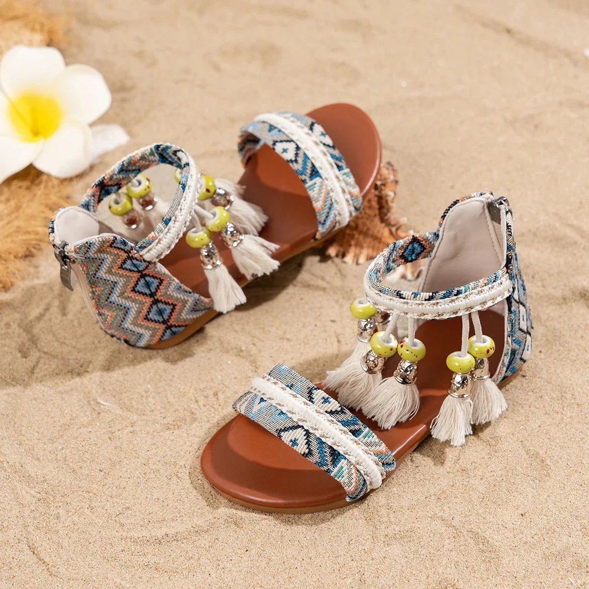 Toddler Beach Sandals - Bohemian Tassel Beaded Girls Summer Shoes Soft Sole for Vacation & Play
