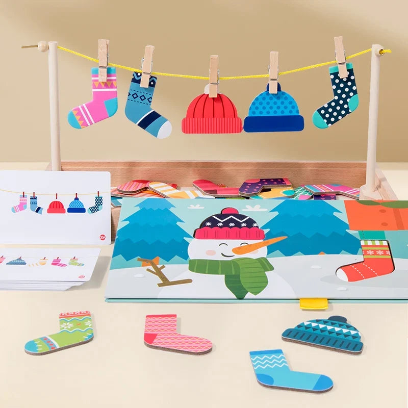 Children's Wooden Fun Sock Drying Puzzle Color Cognition Matching Fine Motor Training Early Education Learning Educational Toys