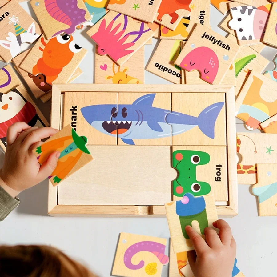 Children's puzzle cartoon animal shape matching puzzle, baby early education English word cognition puzzle board, wooden toy