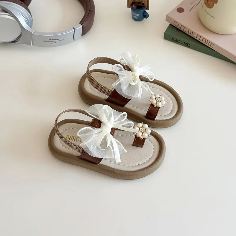 Kids Summer Fashion Platform Sandals Girls Rhinestone Straps Beach Shoes Woman Ribbon Bow Versatile Soft Sole Kid Princess Shoes