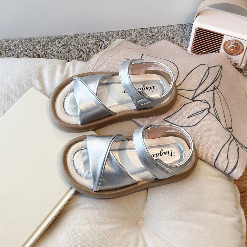 Girls Sandals Summer 2025 New Pu Leather Children Shoes Open Toe Casual Princess Shoes Platform Anti-slip Fashion Kids Sandals