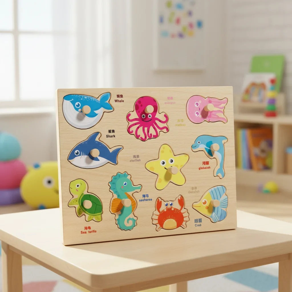 Montessori Hand Grab Boards Toys Cartoon Shape Matching Tangram Jigsaw Game Multifunction Creative Wooden Puzzle Toys Kids