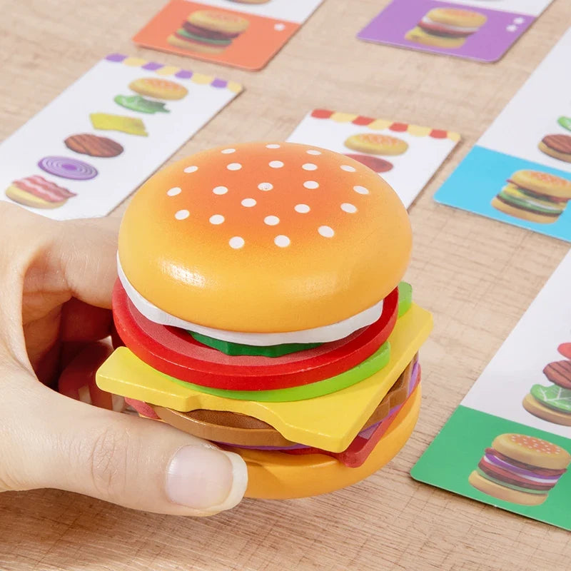 Montessori Wooden Hamburger Pretend Play Toy Educational Simulation Food Matching Stacking Game with Cards for Kids 2 Years Gift