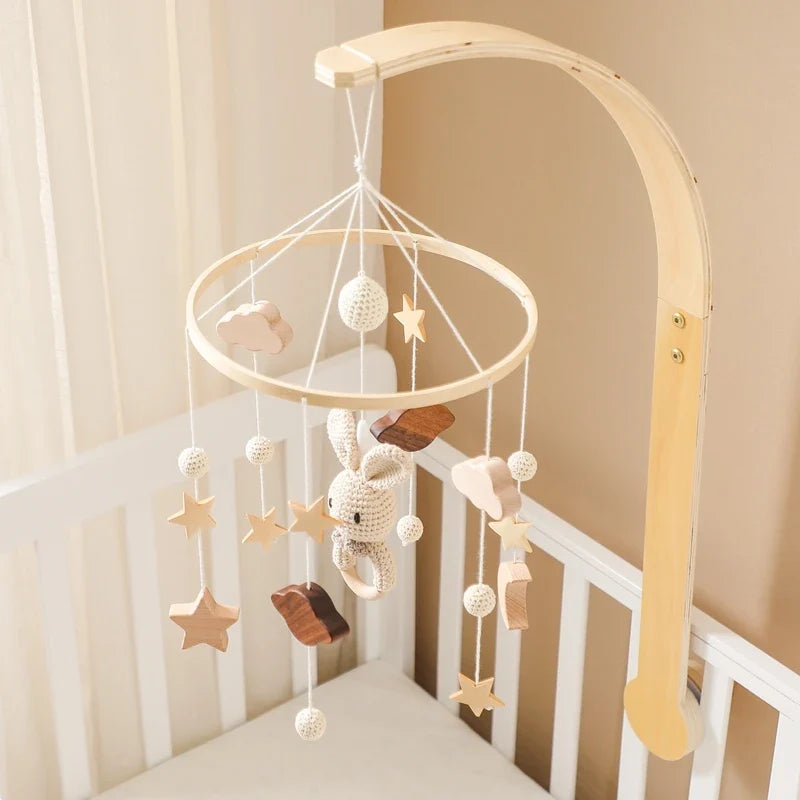 Baby Wooden Bed Bell Cartoon Rabbit Mobile Hanging Rattles Toy Hanger Crib Mobile Bed Bell Wood Toy Holder Arm Bracket Kid Gifts