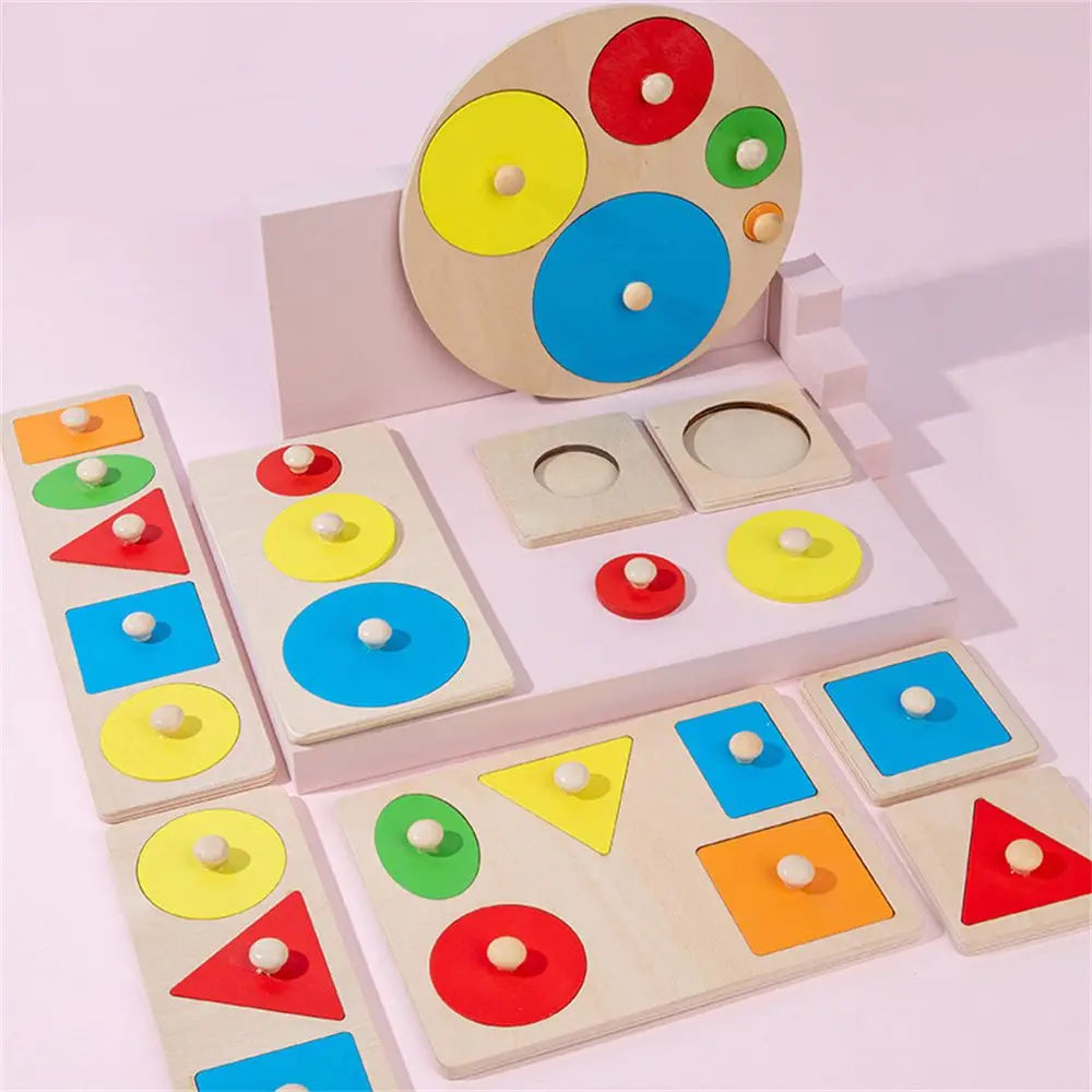 Wooden Sensory Tactile Multiple Color Pegboard Geometric Shape Matching Toy Puzzle Board Knob Panel