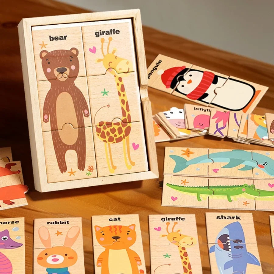 Children's puzzle cartoon animal shape matching puzzle, baby early education English word cognition puzzle board, wooden toy