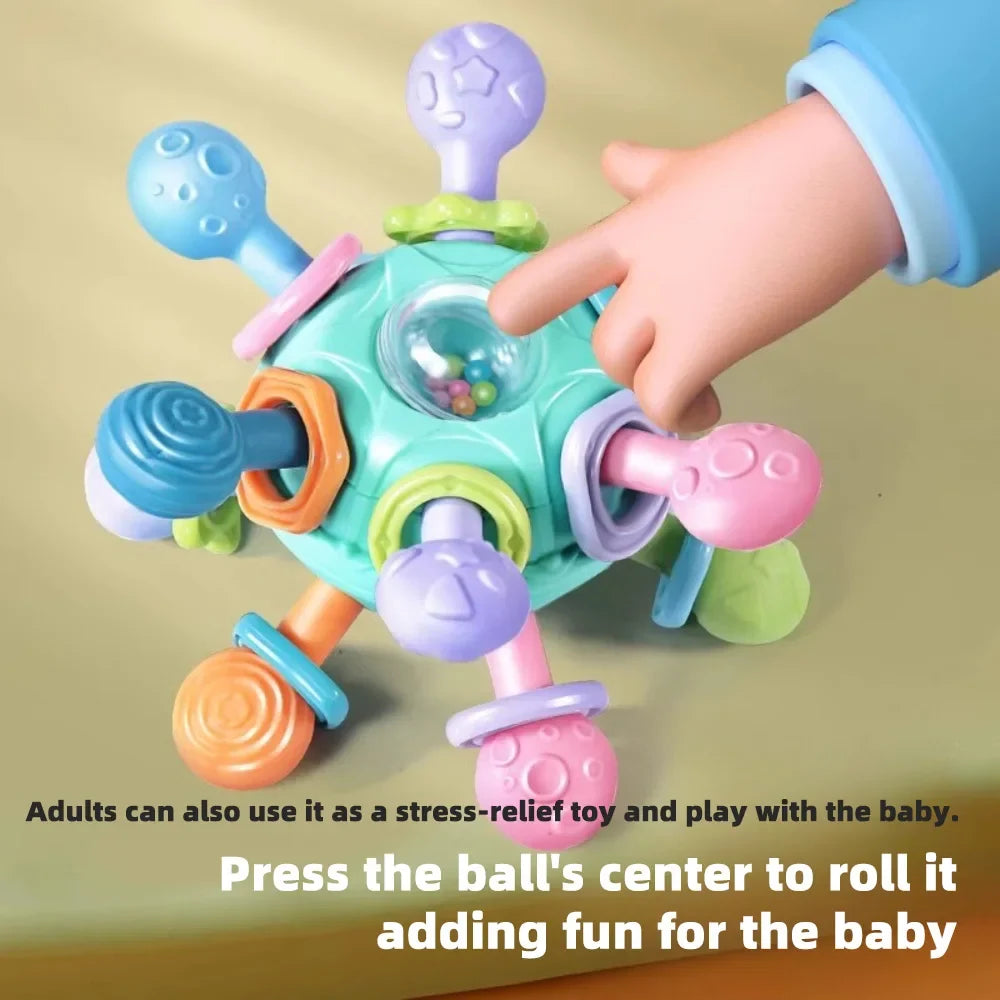 Baby Manhattan Grasping Ball - 3-in-1 Teether, Rattle, and Soft Rubber Grasping Toy for Early Education and Teething Relief