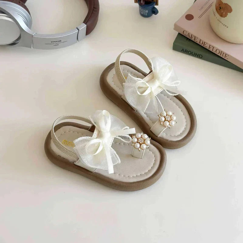 Kids Summer Fashion Platform Sandals Girls Rhinestone Straps Beach Shoes Woman Ribbon Bow Versatile Soft Sole Kid Princess Shoes