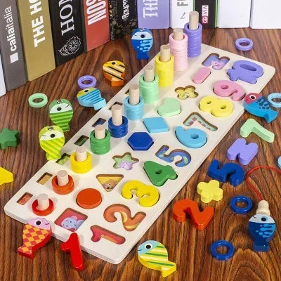 Montessori Toys Wooden Number Puzzle Sorting For Toddlers Shape Sorter Counting Fishing Game Educational Math Stacking Block
