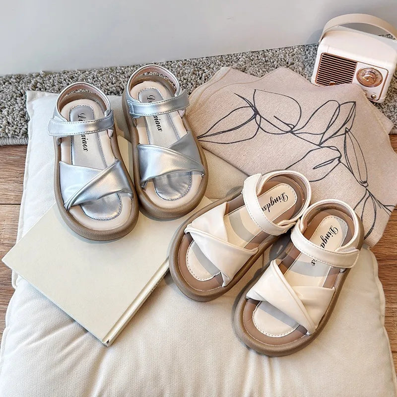 Girls Sandals Summer 2025 New Pu Leather Children Shoes Open Toe Casual Princess Shoes Platform Anti-slip Fashion Kids Sandals