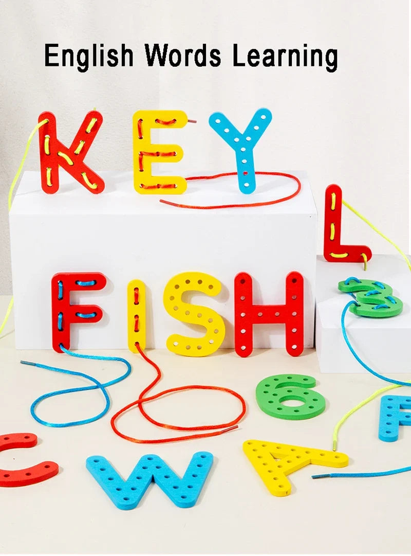 Wooden Number Letter Rope Game Early Education Cognitive Handmade Rope Letter Educational Toys Hand Eye Coordination Training
