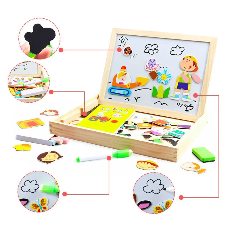 Magnetic 3D Puzzles for Kids Montessori Games Educational Toys for Children Blackboard Whiteboard Drawing Wooden Jigsaw Puzzle
