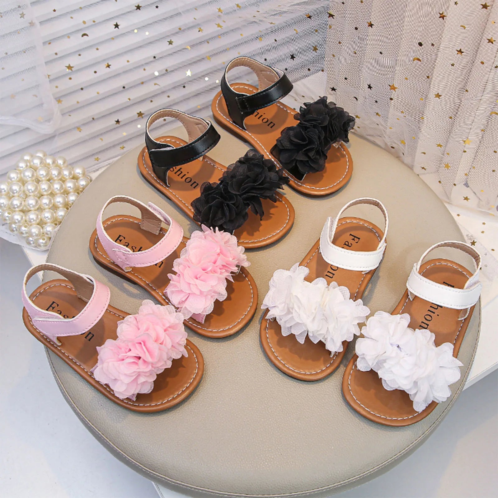 Cute Baby Flower Decoration Open Toed Summer Sandals Princess PU Leather Casual Rubber Sole Non-Slip Sandals Walking Shoes