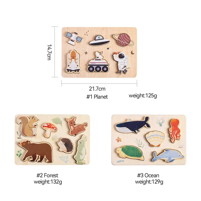 Wooden Puzzle Montessori Toys Baby Cartoon Ocean Animal Colorful Learning Education Block Toys Tangram Jigzaw Cognitive Kid Gift