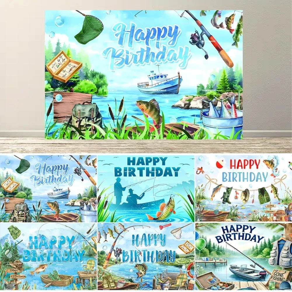 Fishing Themed Birthday Party Decoration Photography Backdrop, Children's and Adults' Birthday Party Banner Photography Backdrop