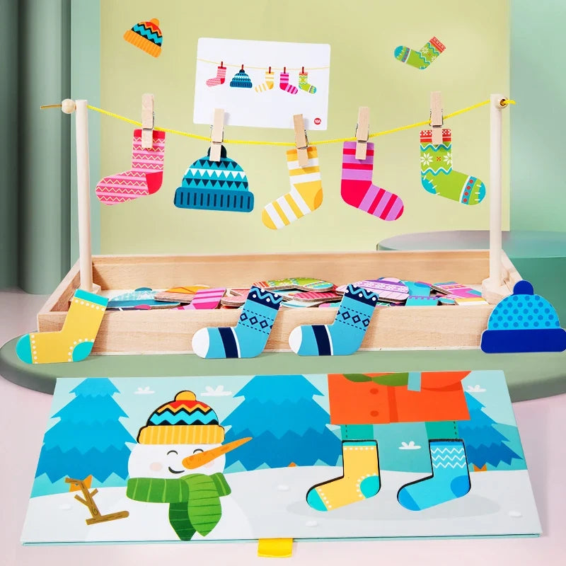 Children's Wooden Fun Sock Drying Puzzle Color Cognition Matching Fine Motor Training Early Education Learning Educational Toys