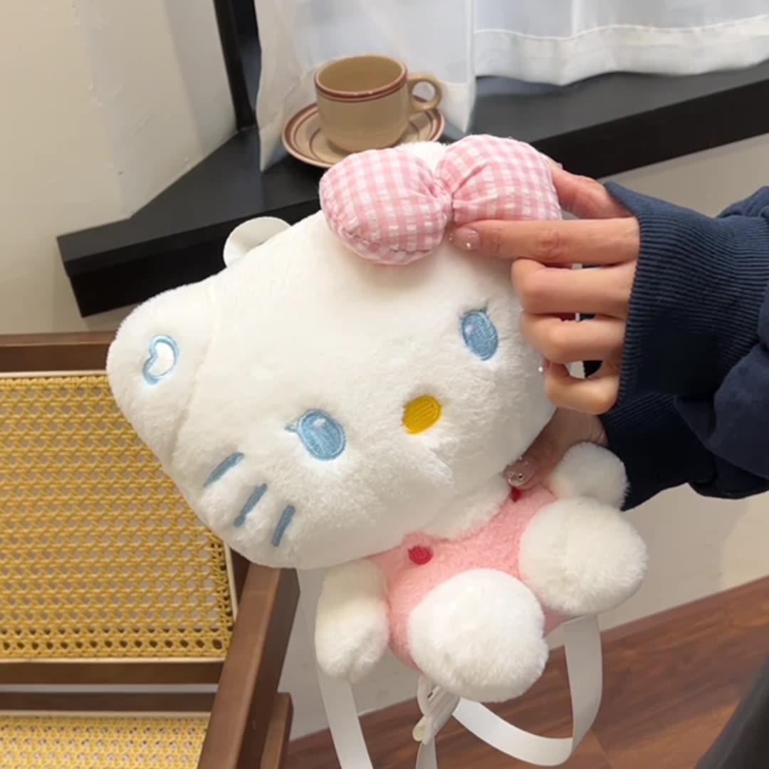 Adorable Soft Plush 3D Doll Backpack Sweet Cartoon Bow Cat Plush Bag Korean-Style Girls’ Mini Rucksack