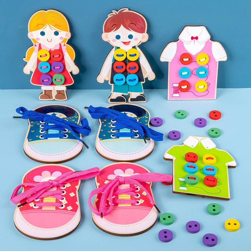 Cross-border New Montessori Wooden Shoelace Seam Button Game Children's Early Education Educational Threading Toy