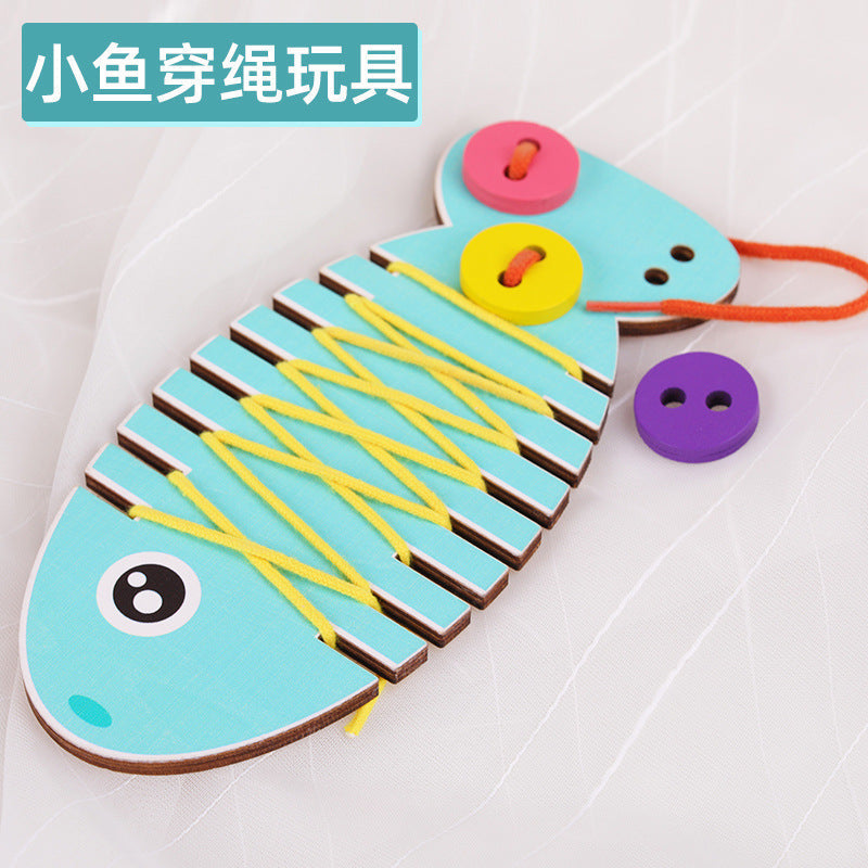 Cross-border New Montessori Wooden Shoelace Seam Button Game Children's Early Education Educational Threading Toy