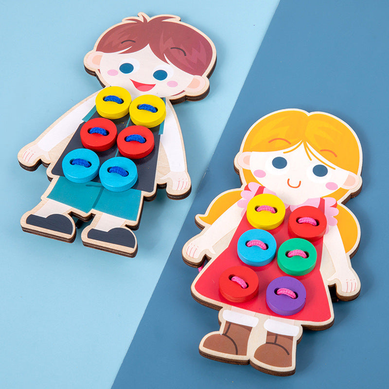 Cross-border New Montessori Wooden Shoelace Seam Button Game Children's Early Education Educational Threading Toy