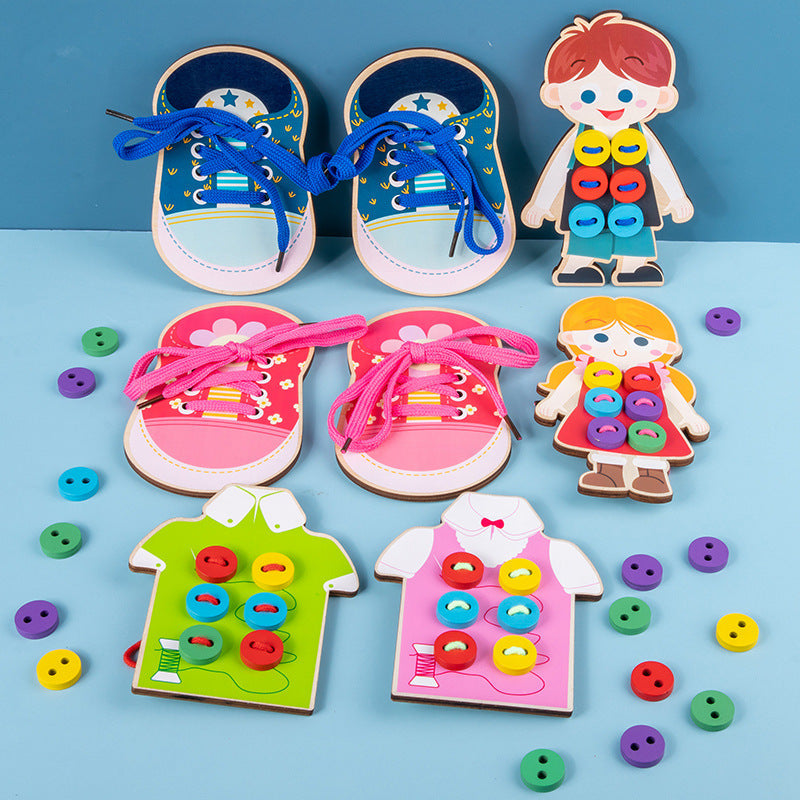 Cross-border New Montessori Wooden Shoelace Seam Button Game Children's Early Education Educational Threading Toy