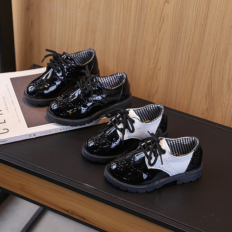 Kids Shoes Black Boy Leather Shoes English Style Glossy Slip-On Shoes for Little & Big Boys