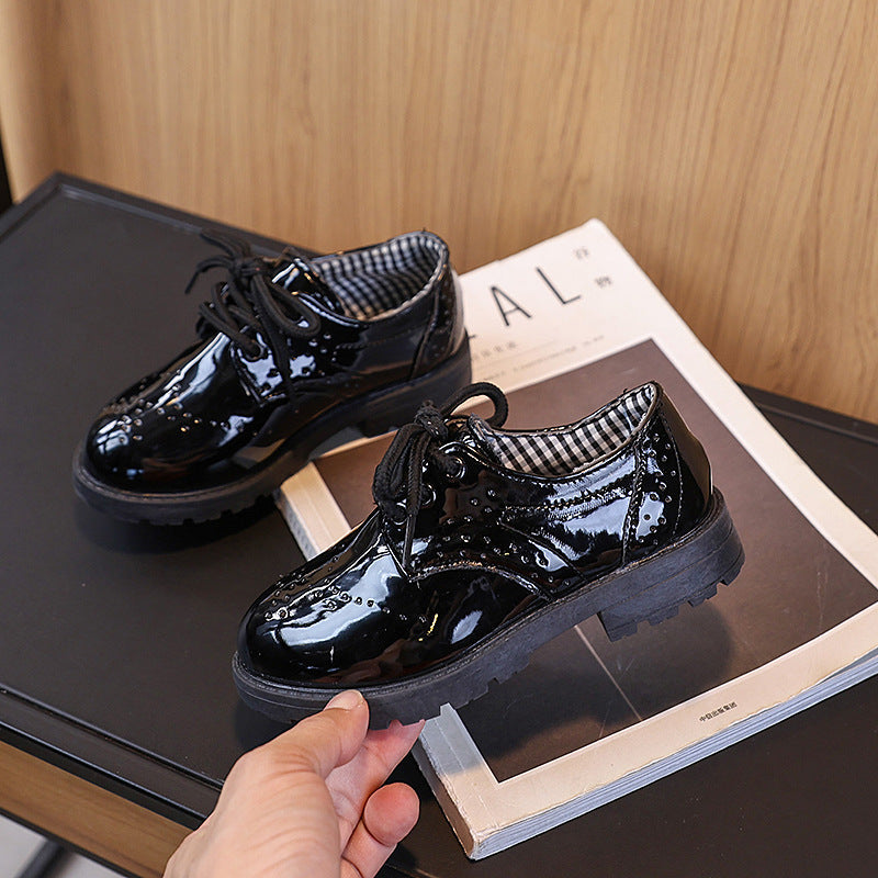 Kids Shoes Black Boy Leather Shoes English Style Glossy Slip-On Shoes for Little & Big Boys