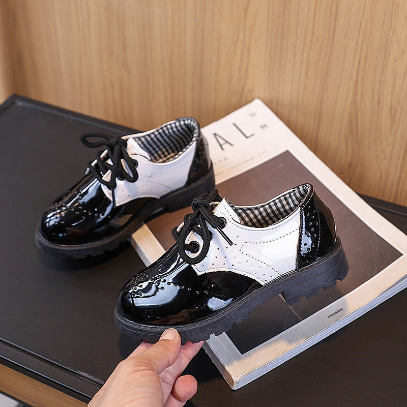 Kids Shoes Black Boy Leather Shoes English Style Glossy Slip-On Shoes for Little & Big Boys
