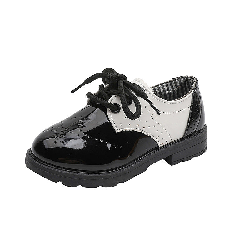 Kids Shoes Black Boy Leather Shoes English Style Glossy Slip-On Shoes for Little & Big Boys