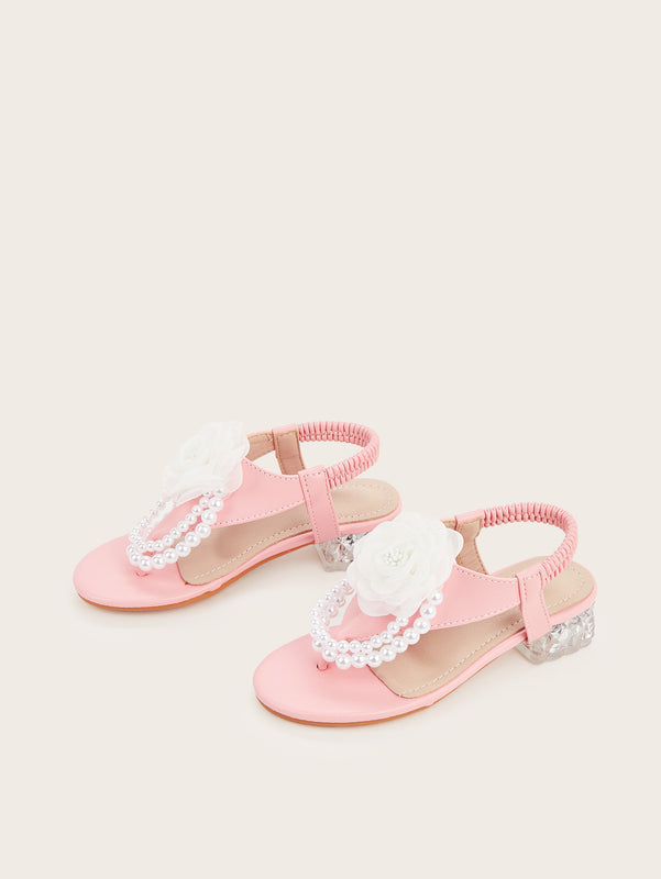 Girls' High-Heeled Shoes 2026 Spring New Style Flip-Flops Half-Slip Pearl Flower Casual Fashion Sandals for Girls