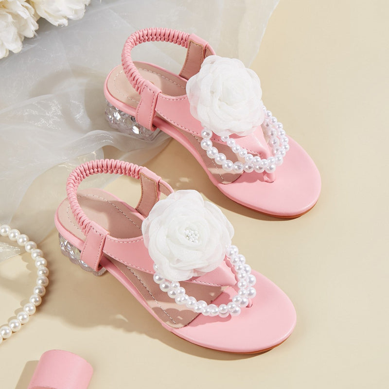 Girls' High-Heeled Shoes 2026 Spring New Style Flip-Flops Half-Slip Pearl Flower Casual Fashion Sandals for Girls