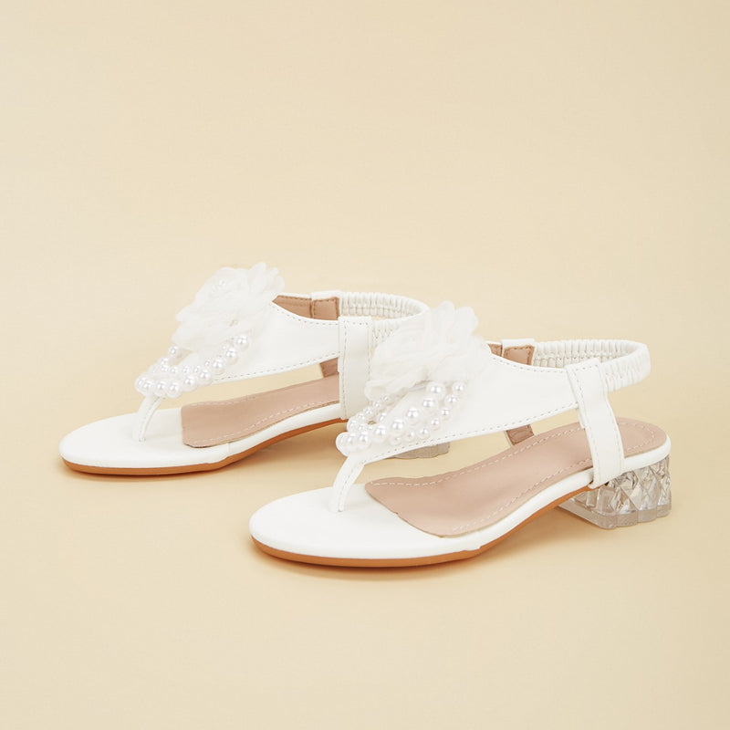 Girls' High-Heeled Shoes 2026 Spring New Style Flip-Flops Half-Slip Pearl Flower Casual Fashion Sandals for Girls