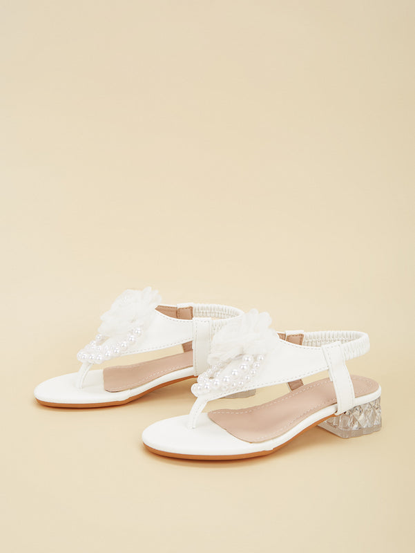 Girls' High-Heeled Shoes 2026 Spring New Style Flip-Flops Half-Slip Pearl Flower Casual Fashion Sandals for Girls