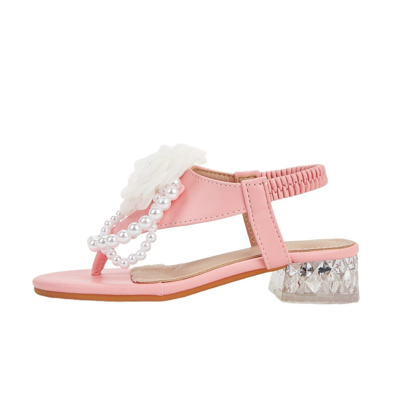 Girls' High-Heeled Shoes 2026 Spring New Style Flip-Flops Half-Slip Pearl Flower Casual Fashion Sandals for Girls