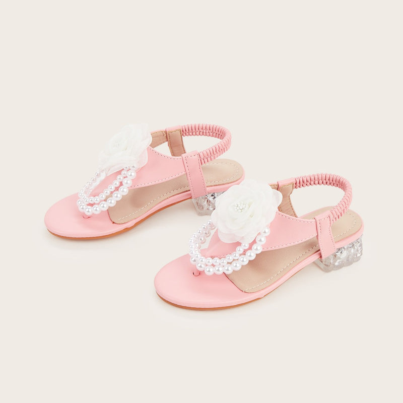 Girls' High-Heeled Shoes 2026 Spring New Style Flip-Flops Half-Slip Pearl Flower Casual Fashion Sandals for Girls